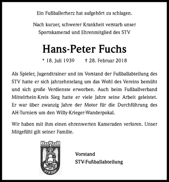 Anzeige von Hans-Peter Fuchs von Kölner Stadt-Anzeiger / Kölnische Rundschau / Express