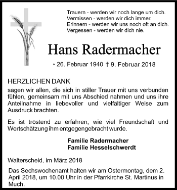 Anzeige von Hans Rademacher von Kölner Stadt-Anzeiger / Kölnische Rundschau / Express
