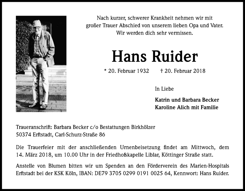  Traueranzeige für Hans Ruider vom 09.03.2018 aus Kölner Stadt-Anzeiger / Kölnische Rundschau / Express