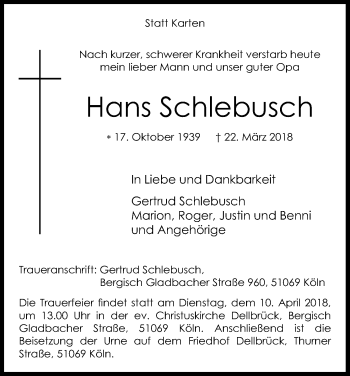 Anzeige von Hans Schlebusch von Kölner Stadt-Anzeiger / Kölnische Rundschau / Express