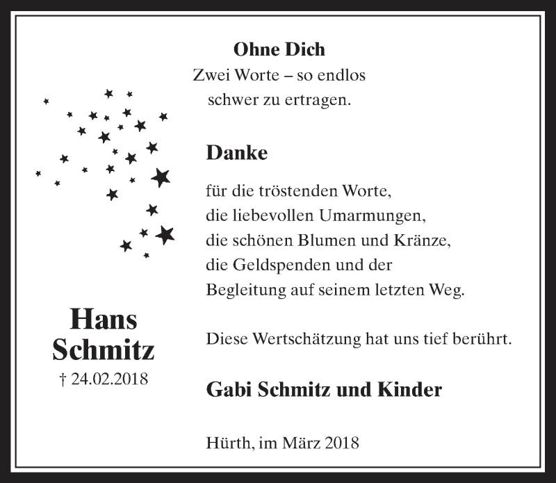  Traueranzeige für Hans Schmitz vom 28.03.2018 aus  Wochenende 