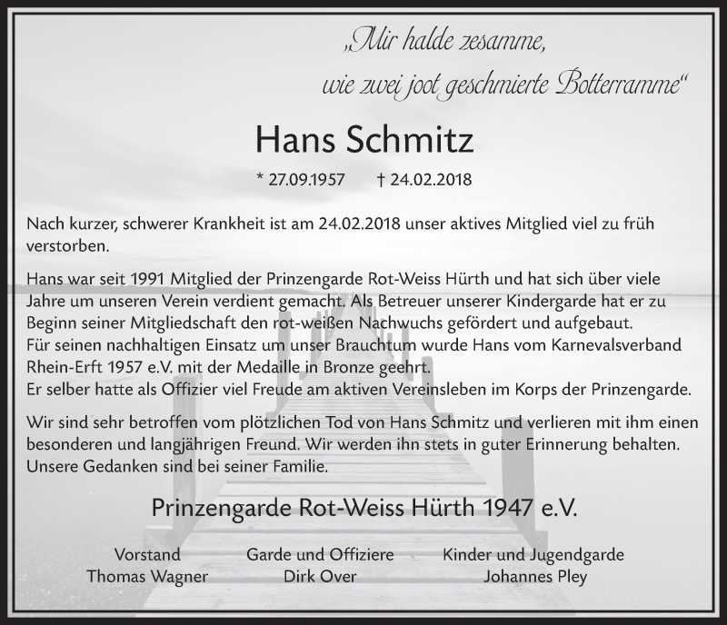  Traueranzeige für Hans Schmitz vom 03.03.2018 aus  Sonntags-Post 