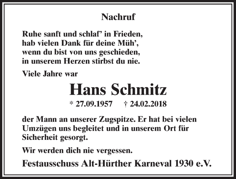  Traueranzeige für Hans Schmitz vom 03.03.2018 aus  Sonntags-Post 