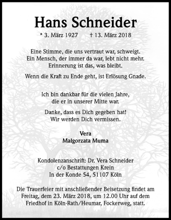Anzeige von Hans Schneider von Kölner Stadt-Anzeiger / Kölnische Rundschau / Express