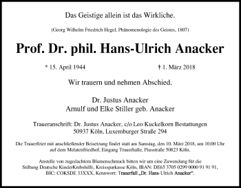 Anzeige von Hans-Ulrich Anacker von Kölner Stadt-Anzeiger / Kölnische Rundschau / Express