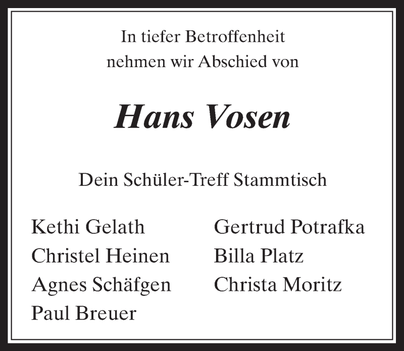  Traueranzeige für Hans Vosen vom 21.03.2018 aus  Wochenende 