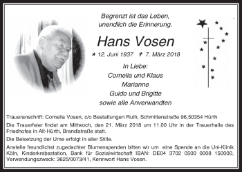 Anzeige von Hans Vosen von  Wochenende 