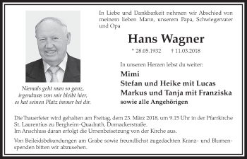 Anzeige von Hans Wagner von  Sonntags-Post 
