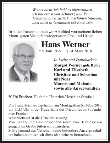 Anzeige von Hans Werner von  Wochenende 