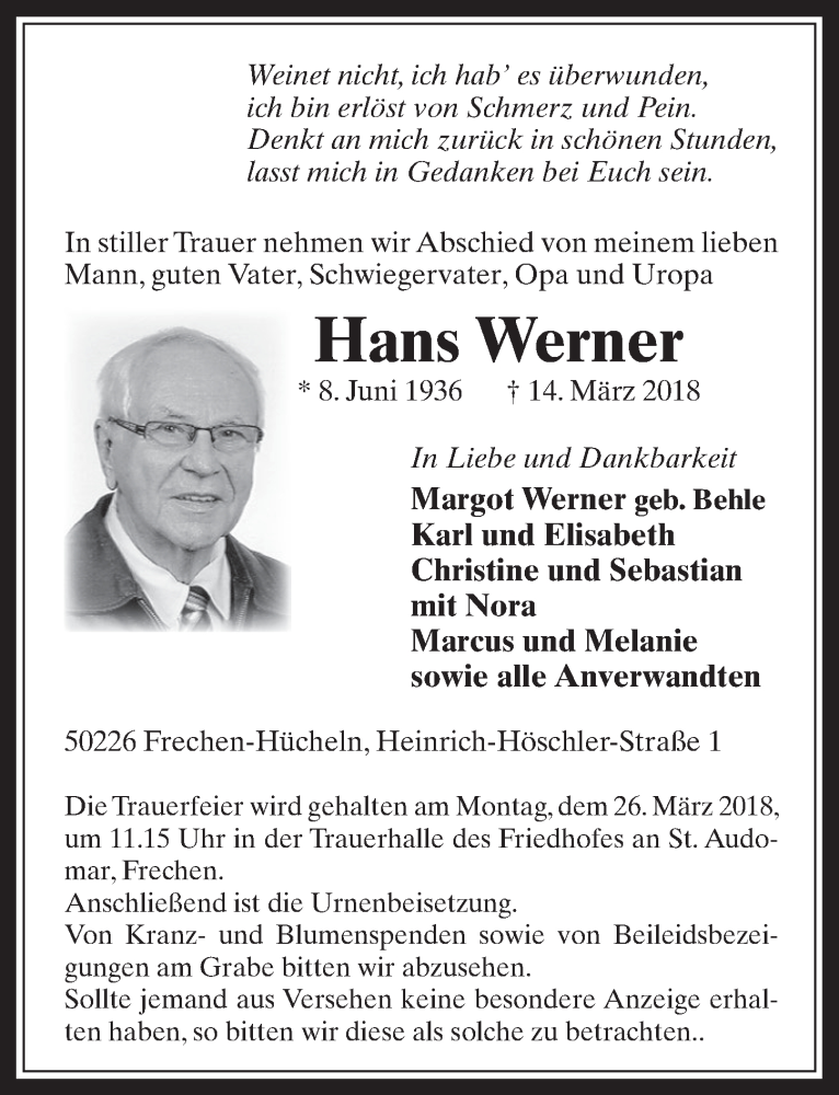  Traueranzeige für Hans Werner vom 21.03.2018 aus  Wochenende 
