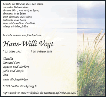 Anzeige von Hans-Willi Vogt von Kölner Stadt-Anzeiger / Kölnische Rundschau / Express