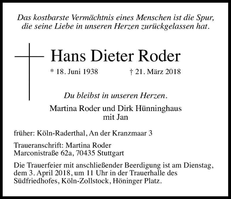  Traueranzeige für Hans Dieter Roder vom 28.03.2018 aus Kölner Stadt-Anzeiger / Kölnische Rundschau / Express