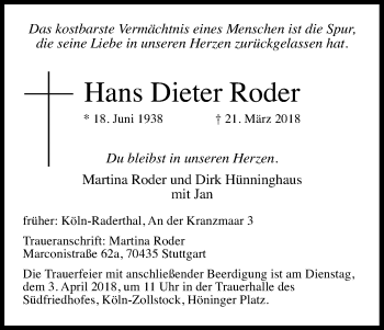 Anzeige von Hans Dieter Roder von Kölner Stadt-Anzeiger / Kölnische Rundschau / Express