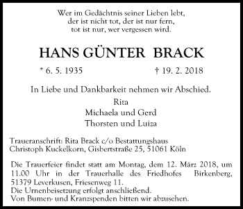 Anzeige von Hans Günther Brack von Kölner Stadt-Anzeiger / Kölnische Rundschau / Express