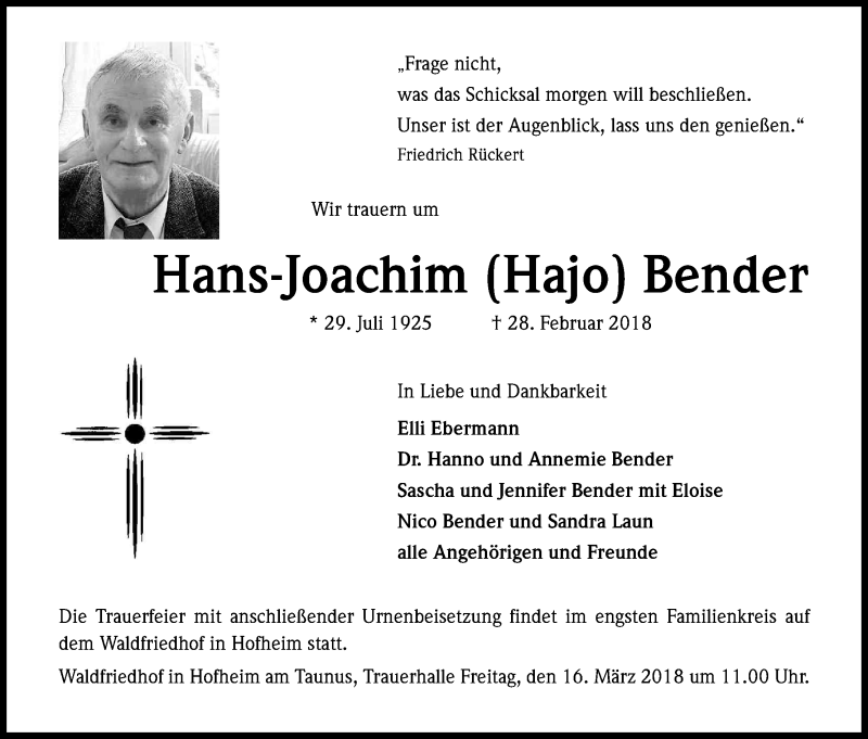  Traueranzeige für Hans Joachim  Bender vom 10.03.2018 aus Kölner Stadt-Anzeiger / Kölnische Rundschau / Express