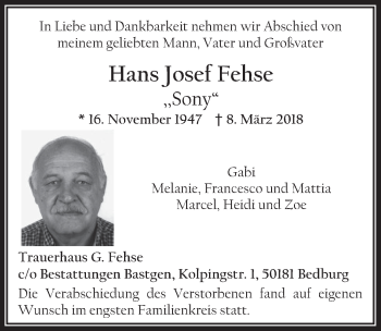 Anzeige von Hans Josef Fehse von  Werbepost 