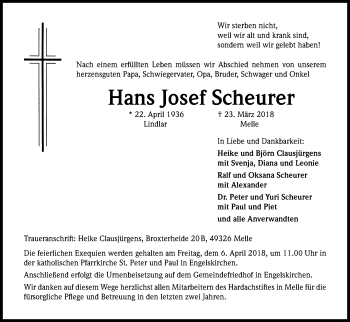 Anzeige von Hans Josef Scheurer von Kölner Stadt-Anzeiger / Kölnische Rundschau / Express