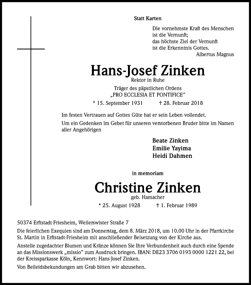  Traueranzeige für Hans Josef Zinken vom 07.03.2018 aus Kölner Stadt-Anzeiger / Kölnische Rundschau / Express