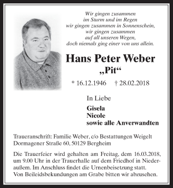 Anzeige von Hans Peter Weber von  Werbepost 