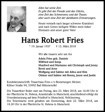 Anzeige von Hans Robert Fries von Kölner Stadt-Anzeiger / Kölnische Rundschau / Express