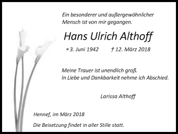 Anzeige von Hans Ulrich Althoff von Kölner Stadt-Anzeiger / Kölnische Rundschau / Express