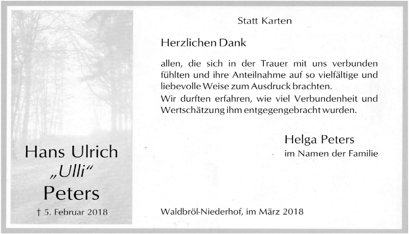  Traueranzeige für Hans Ulrich Peters vom 21.03.2018 aus  Lokalanzeiger 
