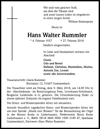 Anzeige von Hans Walter Rummler von Kölner Stadt-Anzeiger / Kölnische Rundschau / Express
