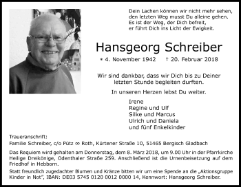 Anzeige von Hansgeorg Schreiber von Kölner Stadt-Anzeiger / Kölnische Rundschau / Express