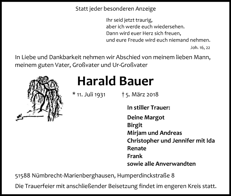  Traueranzeige für Harald Bauer vom 10.03.2018 aus Kölner Stadt-Anzeiger / Kölnische Rundschau / Express