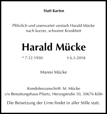 Anzeige von Harald Mücke von Kölner Stadt-Anzeiger / Kölnische Rundschau / Express