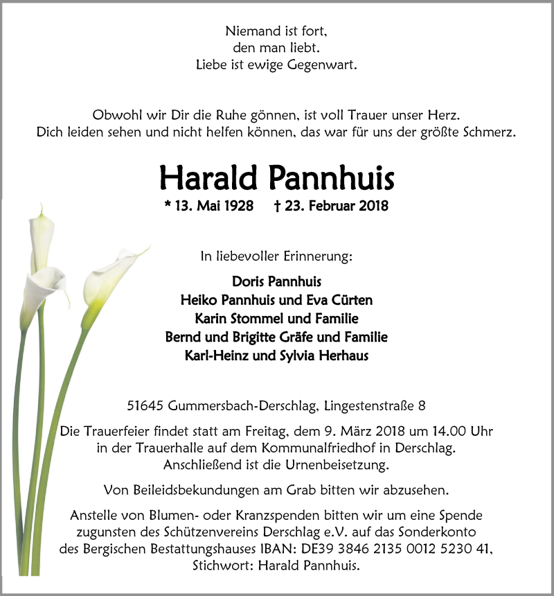  Traueranzeige für Harald Pannhuis vom 07.03.2018 aus  Anzeigen Echo 