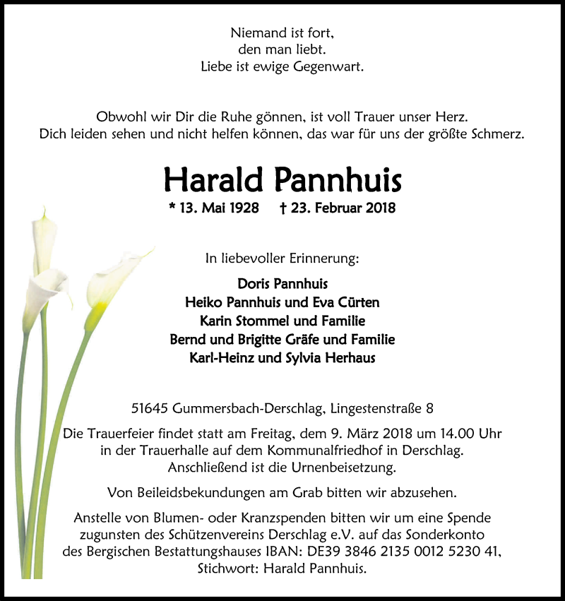  Traueranzeige für Harald Pannhuis vom 03.03.2018 aus Kölner Stadt-Anzeiger / Kölnische Rundschau / Express