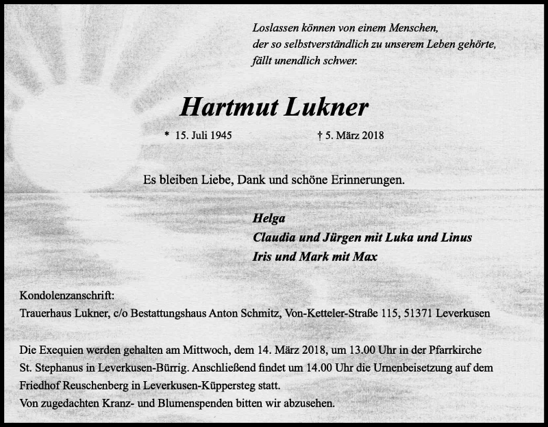  Traueranzeige für Hartmut Lukner vom 10.03.2018 aus Kölner Stadt-Anzeiger / Kölnische Rundschau / Express