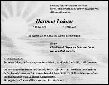 Anzeige von Hartmut Lukner von Kölner Stadt-Anzeiger / Kölnische Rundschau / Express