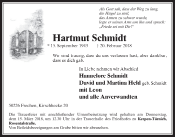 Anzeige von Hartmut Schmidt von  Wochenende 