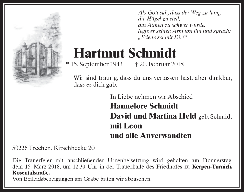  Traueranzeige für Hartmut Schmidt vom 07.03.2018 aus  Wochenende 