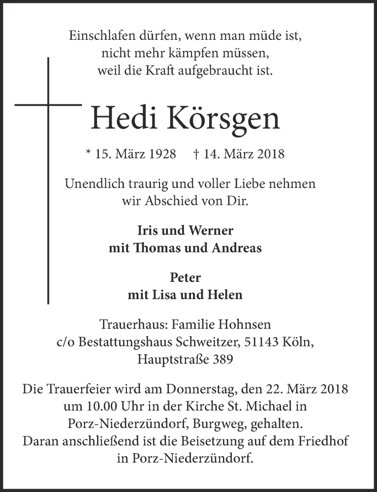  Traueranzeige für Hedi Körsgen vom 21.03.2018 aus  Kölner Wochenspiegel 