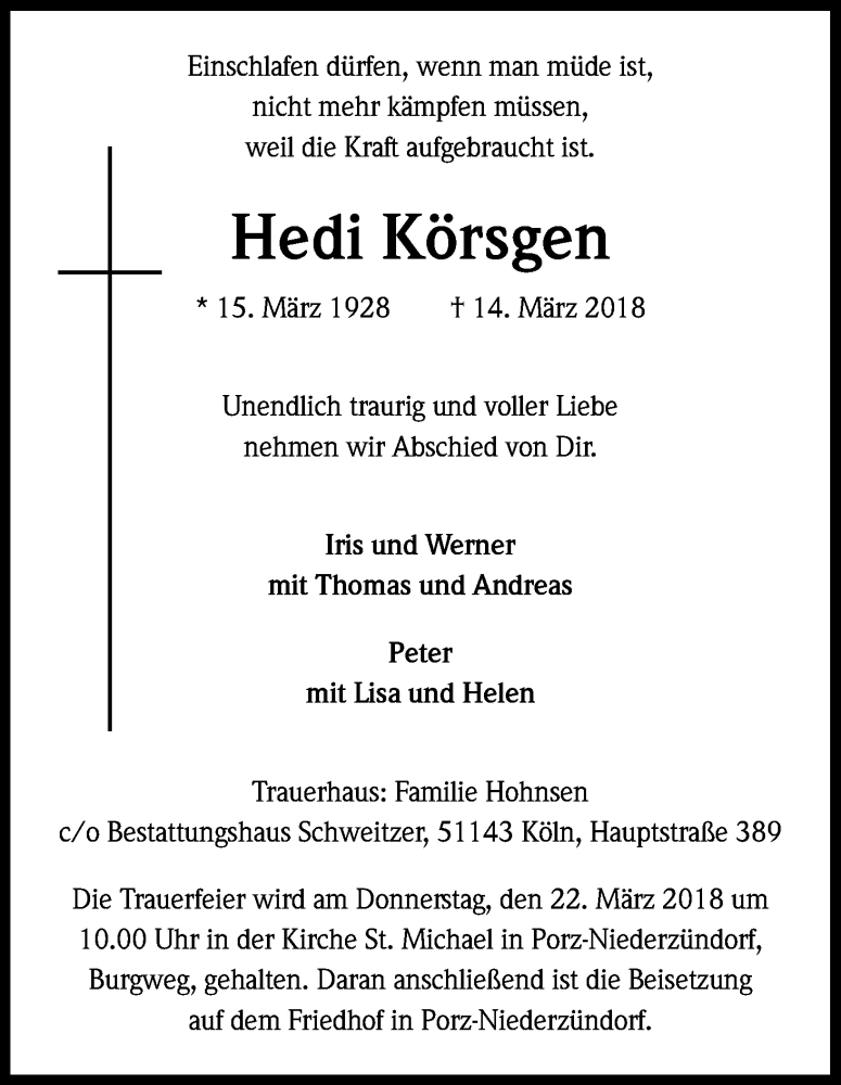  Traueranzeige für Hedi Körsgen vom 17.03.2018 aus Kölner Stadt-Anzeiger / Kölnische Rundschau / Express