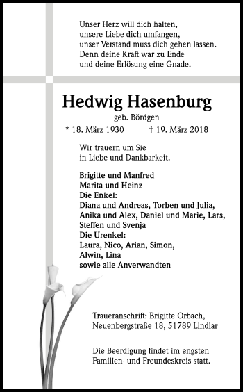 Anzeige von Hedwig Hasenburg von Kölner Stadt-Anzeiger / Kölnische Rundschau / Express