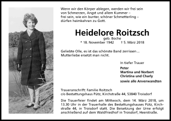 Anzeige von Heidelore Roitzsch von Kölner Stadt-Anzeiger / Kölnische Rundschau / Express