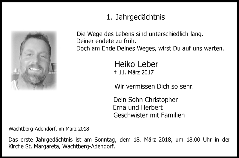  Traueranzeige für Heiko Leber vom 07.03.2018 aus  Schaufenster/Blickpunkt 