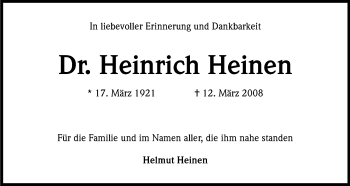 Anzeige von Heinrich Heinen von Kölner Stadt-Anzeiger / Kölnische Rundschau / Express