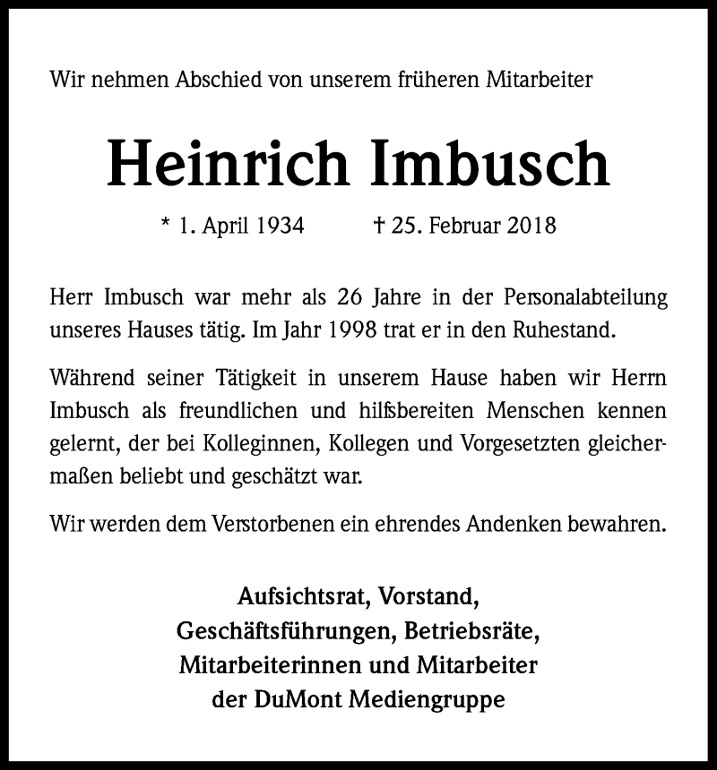  Traueranzeige für Heinrich Imbusch vom 10.03.2018 aus Kölner Stadt-Anzeiger / Kölnische Rundschau / Express