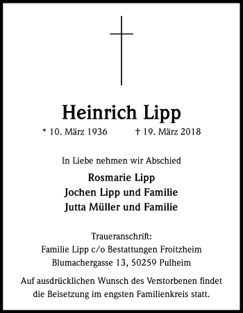 Anzeige von Heinrich Lipp von Kölner Stadt-Anzeiger / Kölnische Rundschau / Express