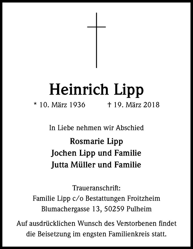  Traueranzeige für Heinrich Lipp vom 24.03.2018 aus Kölner Stadt-Anzeiger / Kölnische Rundschau / Express