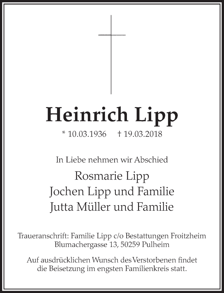  Traueranzeige für Heinrich Lipp vom 24.03.2018 aus  Sonntags-Post 