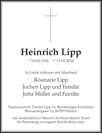 Anzeige von Heinrich Lipp von  Sonntags-Post 