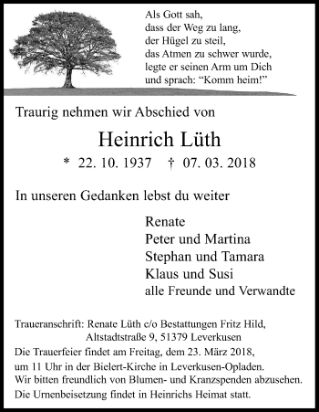 Anzeige von Heinrich Lüth von Kölner Stadt-Anzeiger / Kölnische Rundschau / Express