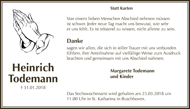  Traueranzeige für Heinrich Todemann vom 21.03.2018 aus  Schaufenster/Blickpunkt 