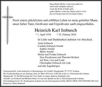 Anzeige von Heinrich Karl Imbusch von Kölner Stadt-Anzeiger / Kölnische Rundschau / Express